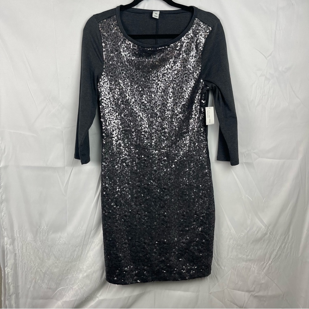 NWT Vintage Old Navy Y2K Grey Sequin Front 3/4 Sleeve Mini Bodycon Dress Sz S